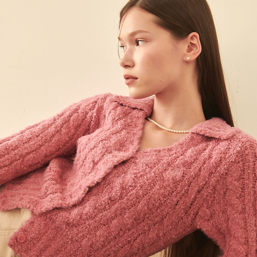 韓國RONRON - Collar Cable Boucle Alpaca Knit Cardigan Pink 