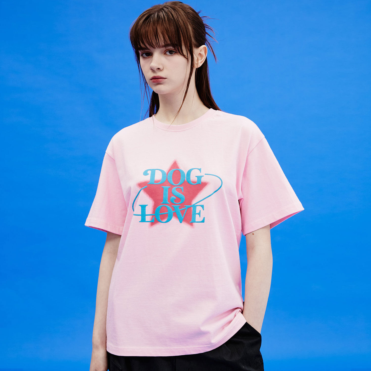 韓國WAIKEI - Dog Is Love Star Graphic Short Sleeve T-shirt Pink